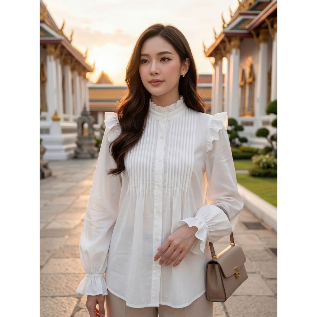 เสื้อเชิ้ต สีขาว ทรงหลวม แขนยาว ดีเทลกระดุมหน้า