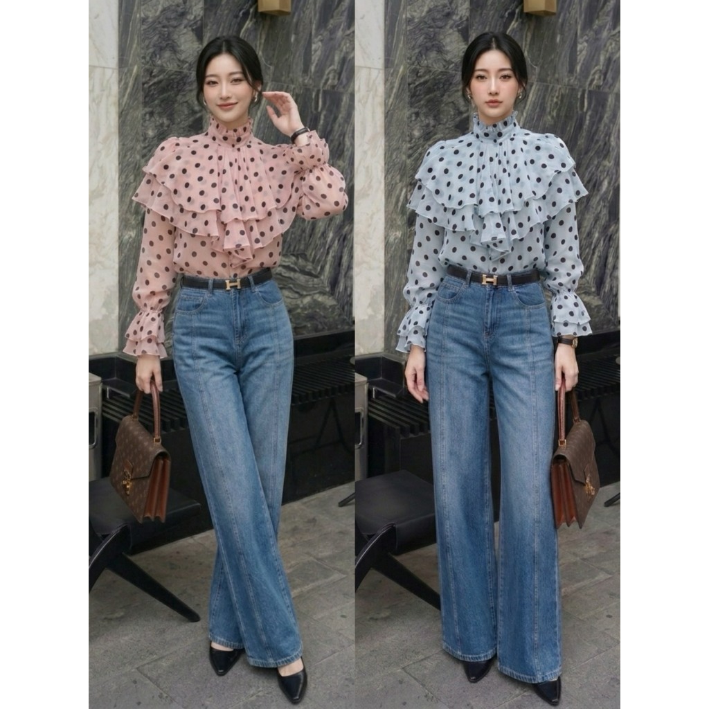 เสื้อบลูส์คอตั้งแต่งระบาย ดูดีมีสไตล์ ใส่ออกงาน น่ารัก ลุคคุณหนู #CT555.1