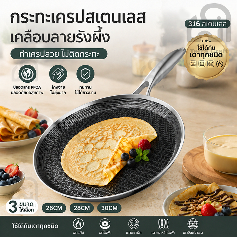 Terra Craft Non-Stick Crepe pan Grill/Griddle pan 28CM 430 สแตนเลส Kuali น้ําผึ้งหวีหน้าจอกระทะไม่มีเคลือบกระทะเข้