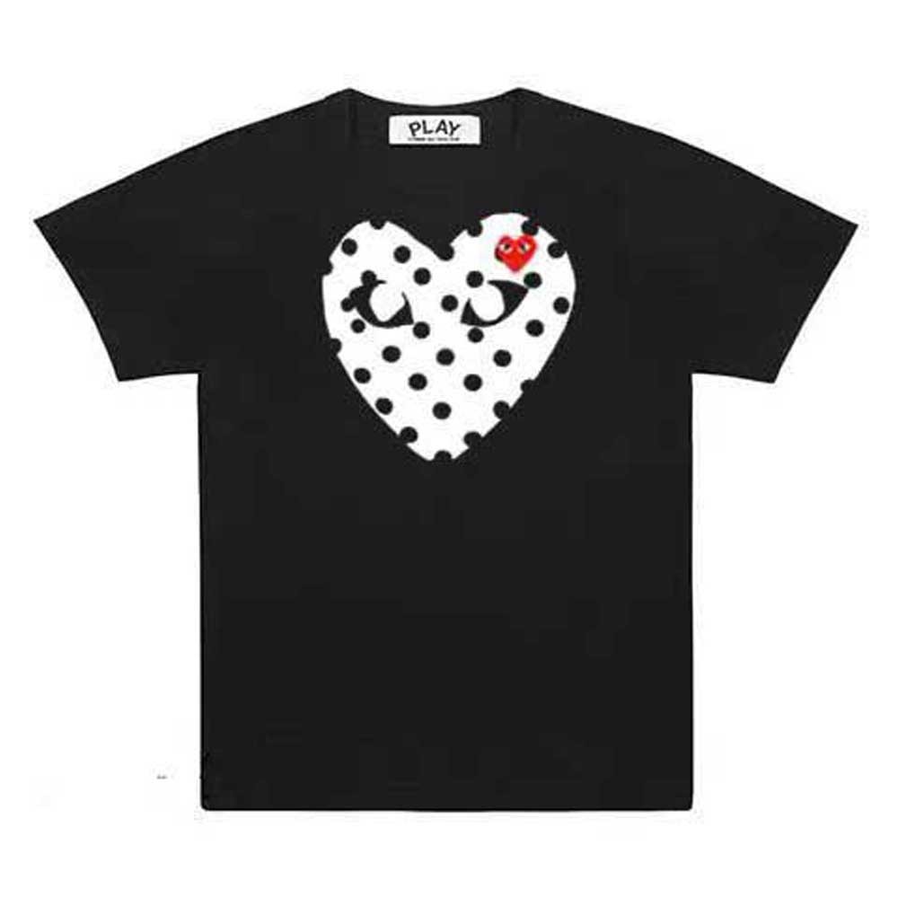 PLAY Rei Kawakubo CDG COMME des GARCONS，ลายจุดสีดำและลายหัวใจสีขาว เสื้อยืดคอกลมแขนสั้น Polka Dot Ed