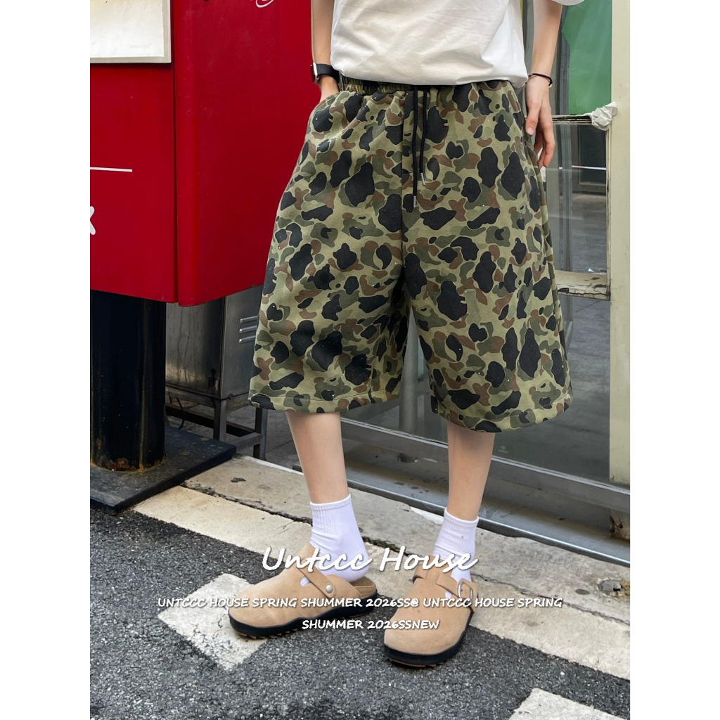[Elastic Waistband Camouflage Cropped Pants] กางเกงขาสั้นลายพรางเอวยืดขากว้างสำหรับผู้หญิงใส่สบายและไม่รัด