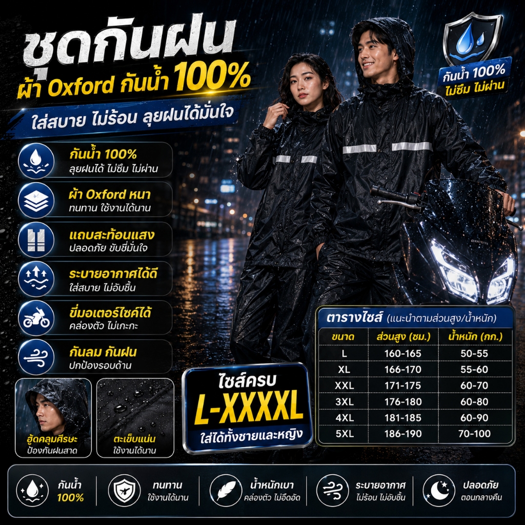 ส่งภายใน24ชม ชุดกันฝนแบบหนา กางเกงกันฝน หมวกกันน้ำและทนทานมีแถบสะท้อนแสง