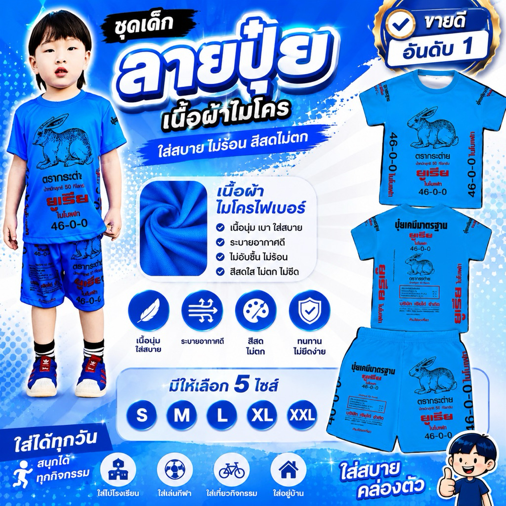 ชุดปูน ปุ๋ย คูโบต้า ชุดเด็กพิมพ์ลายปูน ปุ๋ย แขนสั้น ขาสั้น เนื้อผ้าไมโครไฟเบอร์ กระแส