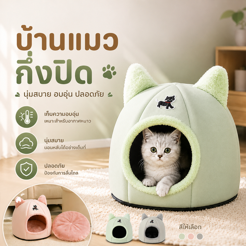 บ้านแมวหนาขึ้น ที่นอนแมว หลุมแมวความชื้นหลักฐาน กึ่งปิด เนื้อผ้าขนนกสัมผัสอุ่นสบาย วัสดุกันลื่น
