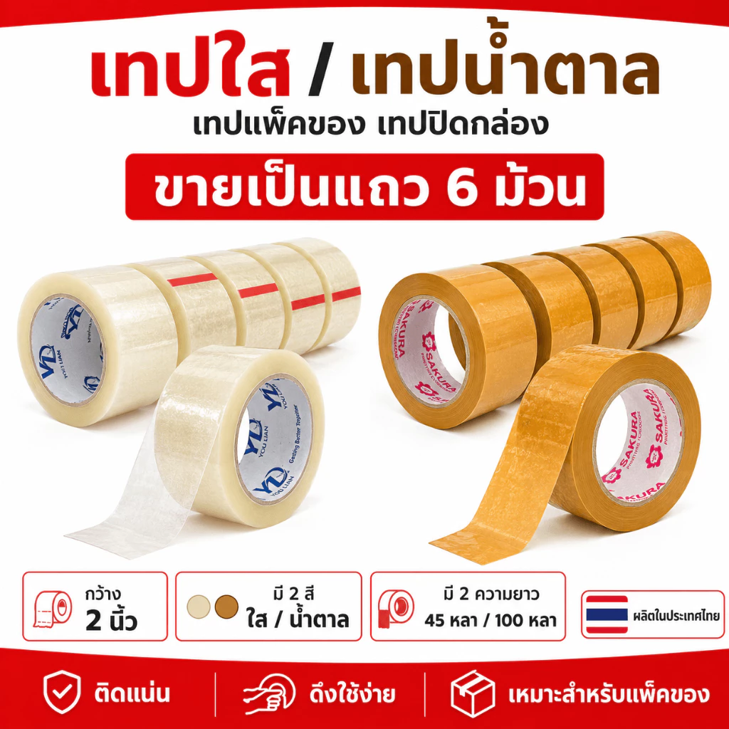 เทปปิดกล่อง 2 นิ้ว เทปกาวใส เทปกาวน้ำตาล OPP มี 45 หลา/100 หลา แพ็ค 6 ม้วน ผลิตในไทย