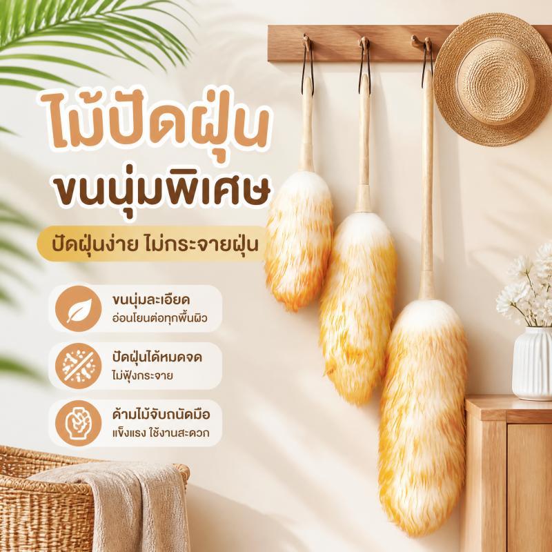 CSH ไม้ปัดฝุ่นขนแกะเทียม ขนนุ่มฟู ไม่ฟุ้งกระจาย ด้ามไม้แขวนได้ สำหรับโต๊ะ ตู้ ชั้นวาง รถยนต์ และของตกแต่งบ้าน
