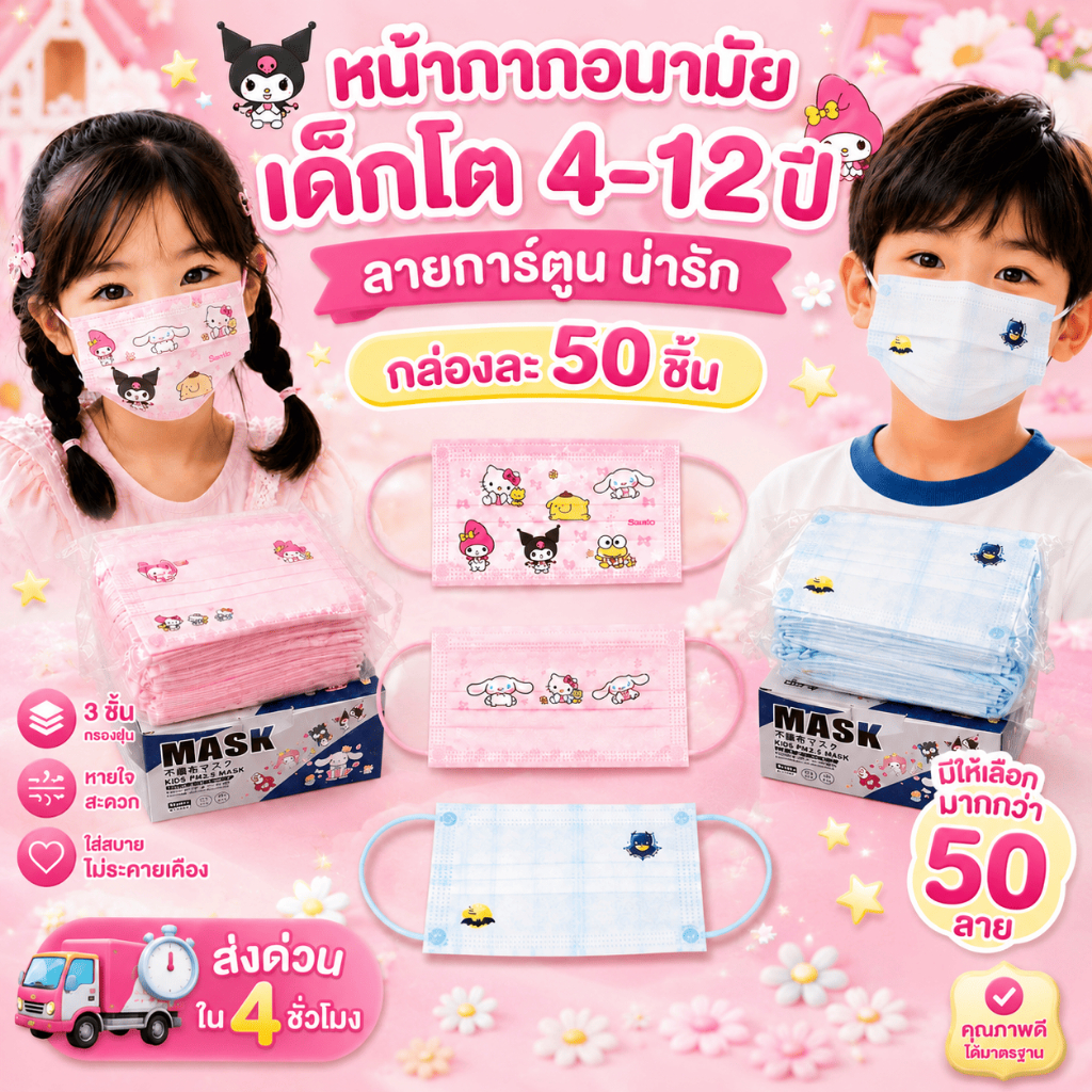 แมสเด็กลายการ์ตูน50ชิ้นลิขสิทธิ์ญี่ปุ่น ( 50กว่าลาย) เด็กอายุ 4-12ปี(สินค้าส่งจากกรุงเทพฯ)