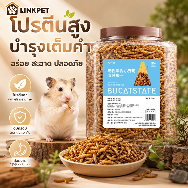 หนอนอบแห้ง หนอนอาหาร โปรตีนสูงคุณภาพสูง ดูดซึมสารอาหารได้ดี อาหารหนูแฮมเตอร์