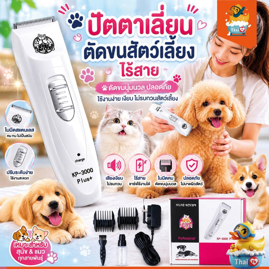 Thai.Th KUKU KP-3000ปัตเลียนตัดขนสุนัข ไร้สาย ใบมีดแสตนสผสมเชรามิค(มีราคาส่ง)