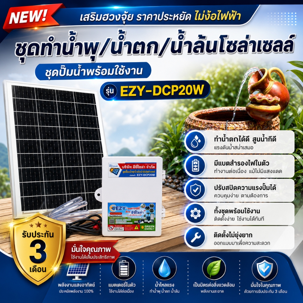ชุดทำน้ำพุ/น้ำตก/น้ำล้น โซล่าเซลล์สำเร็จรูปพร้อมใช้งาน