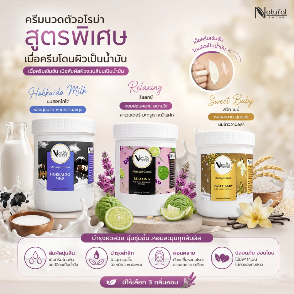 ครีมนวดตัวอโรม่า โลชั่น บำรุงผิว ผลิตภัณฑ์สปาชั้นนำเลือกใช้ Natural Sense Massage Cream (500g/1000g)