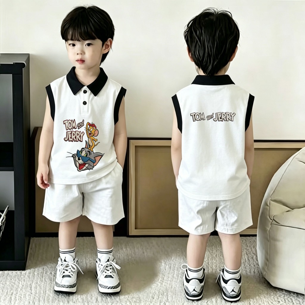 เสื้อผ้า T ชายเด็ก แบบไม่สวมแขน พร้อมลายพิมพ์สุดเท่จาก IP ตัวการ์ตูน เสื้อผ้าที่ยืดหยุ่นและสัมผัสสบาย ให้เลือกสีขาวดำ รุ