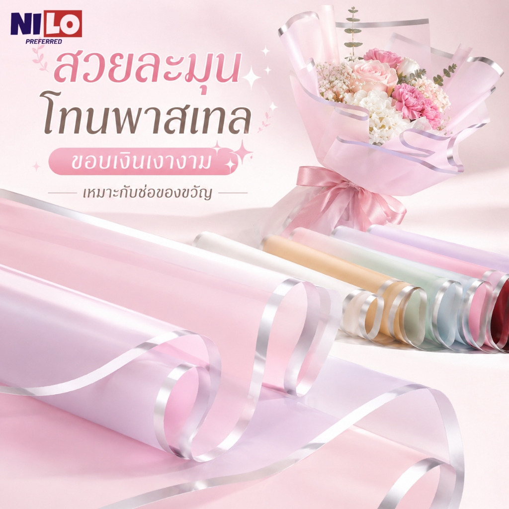 กระดาษฟิล์มห่อดอกไม้ 58x58ซม. กันน้ำ ขอบเงินพรีเมียม รูปที่ 2