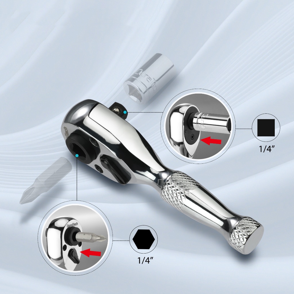 ประแจวงล้อ Stubby 1/4 นิ้ว, ไดรเวอร์ Socket & Bits, 72 ฟัน, โครเมียมอัลลอยด์ Made, ชุบโครเมียมเสร็จสิ้น