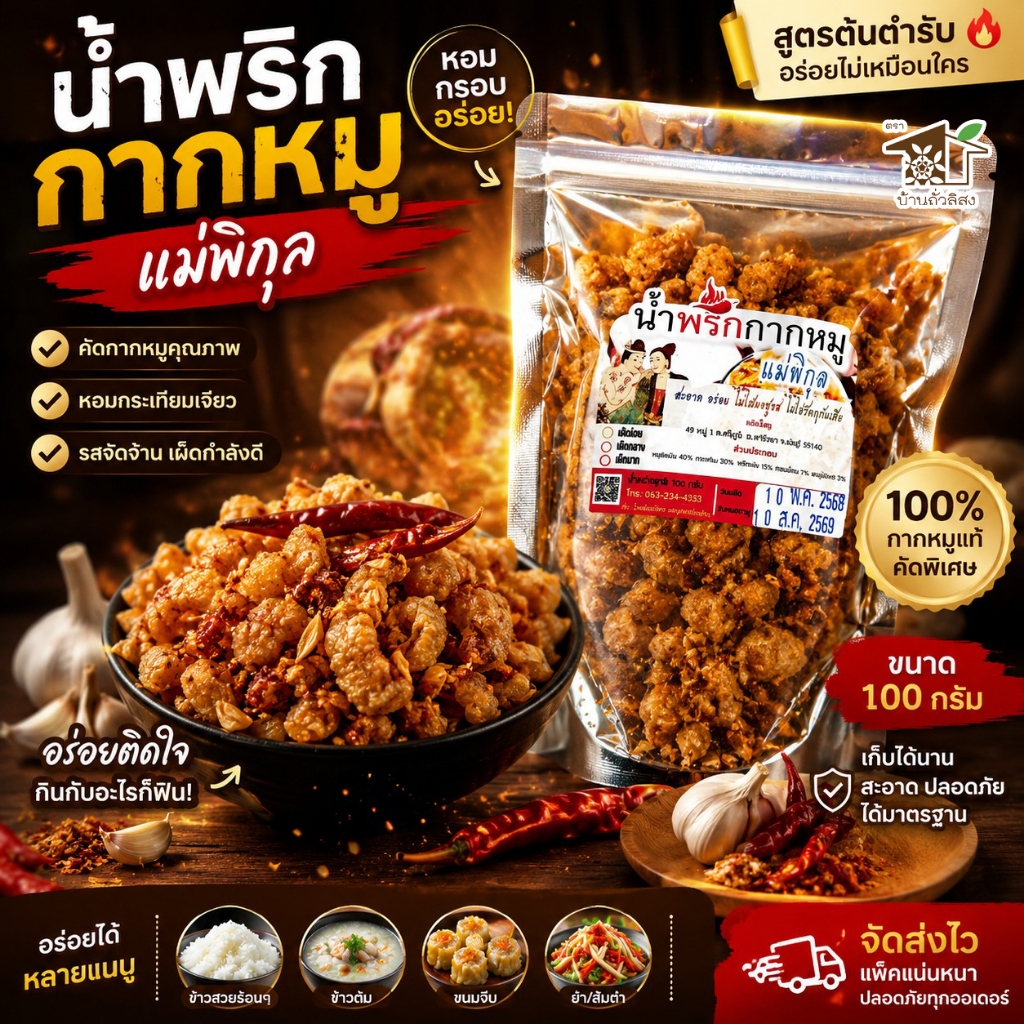 น้ำพริกกากหมู 100g สะอาด อร่อย ไม่ใส่ผงชูรส ไม่ใส่วัตถุกันเสีย