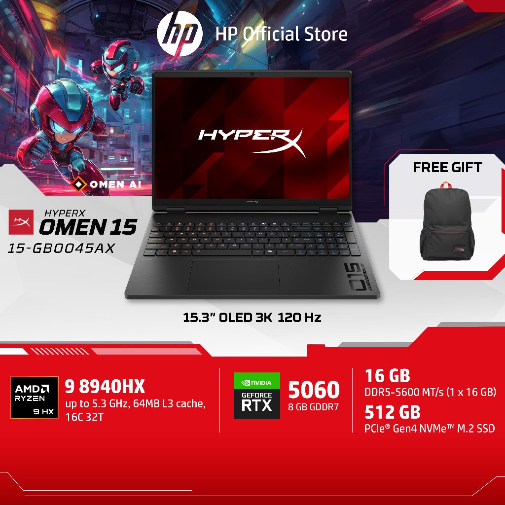 [ฟรี2เม้าส์+หูฟัง] HyperX OMEN 15 | Ryzen 9 8940HX | RTX5060 | 16GB/512GB | 3K OLED 125Hz | Win11 | 