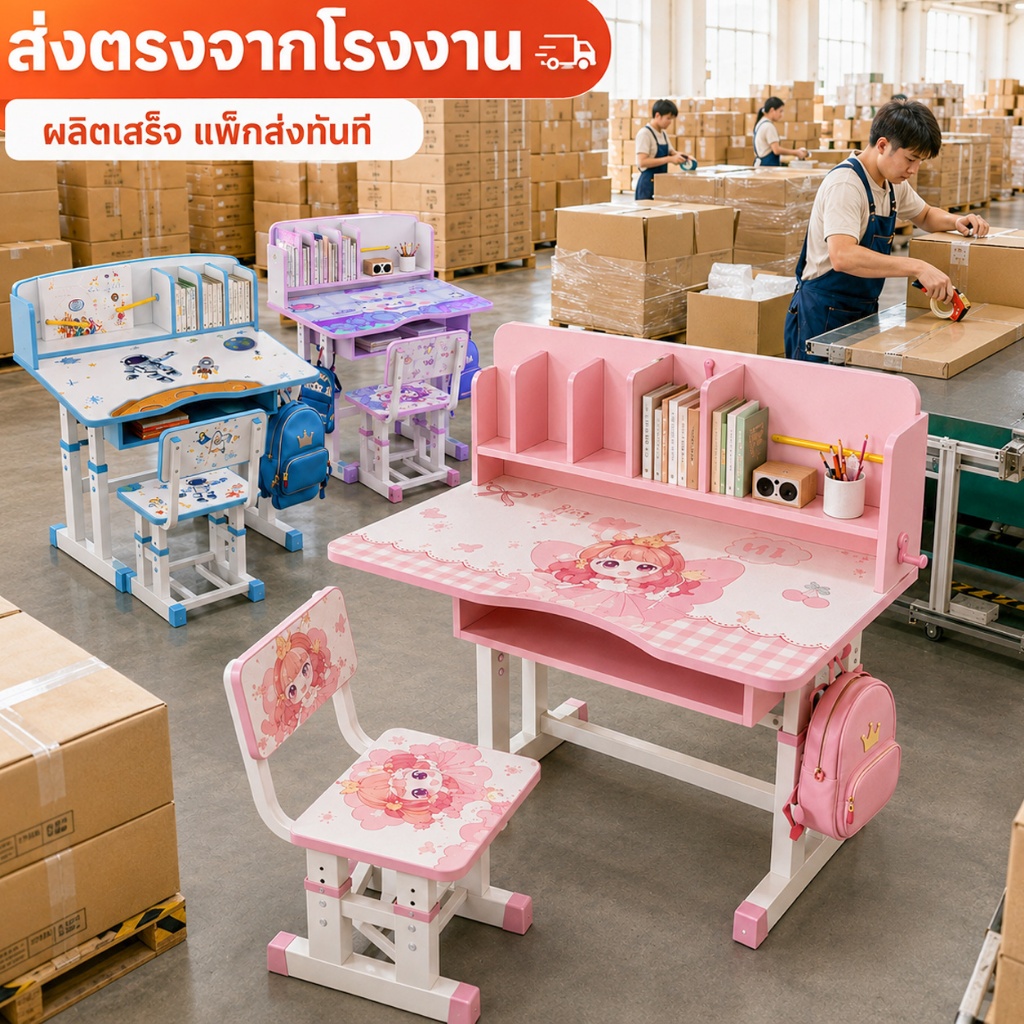 【ขายตรงจากโรงงาน】โต๊ะเรียน โต๊ะเขียนหนังสือเด็ก 80/70cm ปรับความสูงได้82-88ซม