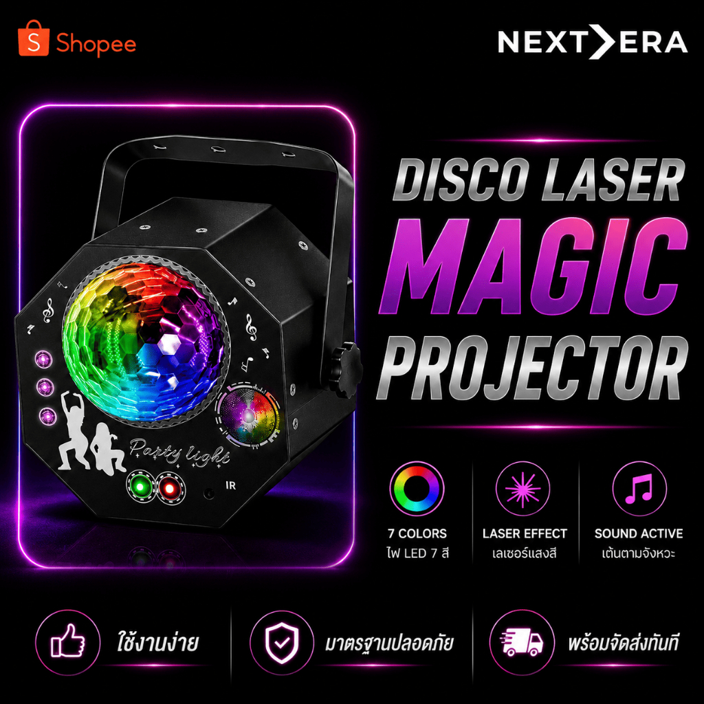 ไฟเลเซอร์แปดเหลี่ยม RGB 64 ลาย Party Laser Light รีโมท Auto Sound Active ไฟดิสโก้ DJ Disco Stage Light แสงสีสวย