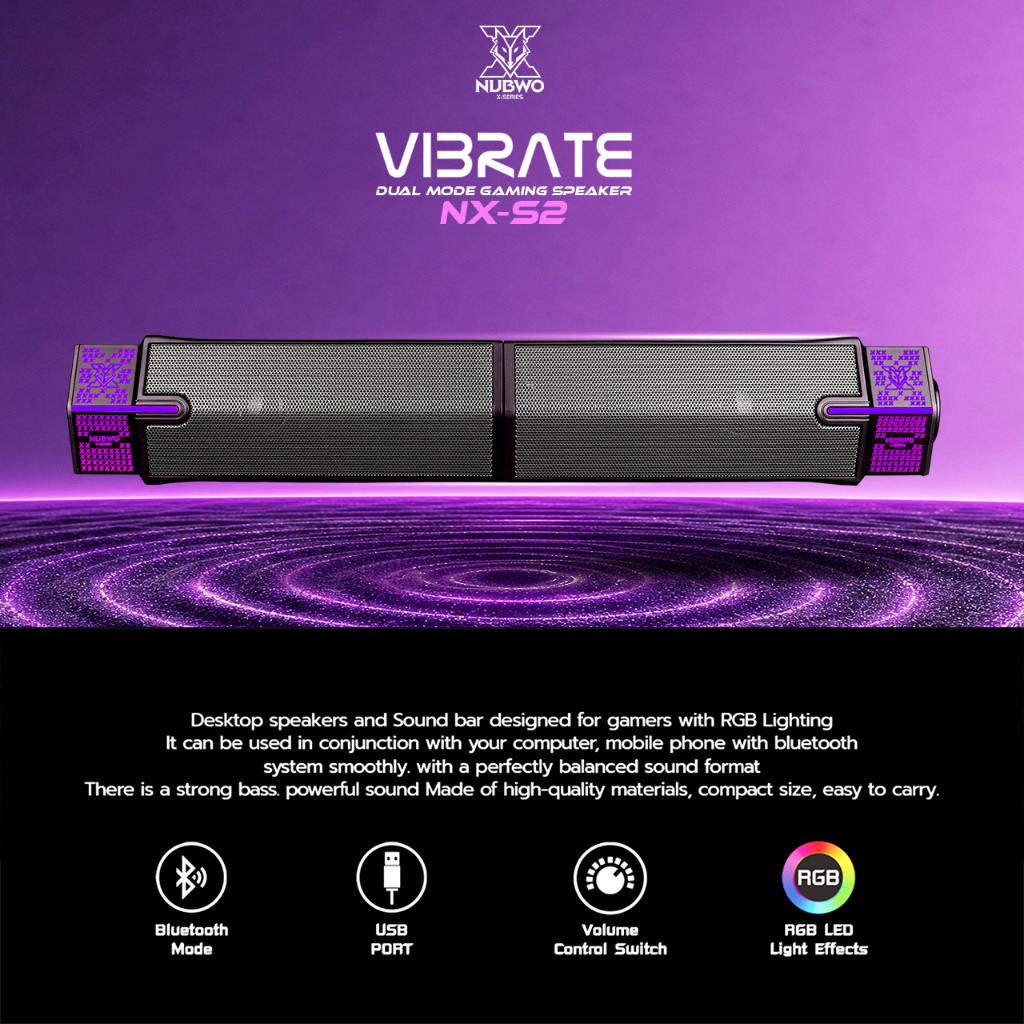 NUBWO VIBRATE ลำโพงบลูทูธไฟ RGB พร้อมปุ่มปรับระดับเสียง เบสแน่น ประกอบเป็นลำโพงแบบยาวได้ รุ่น NX-S2
