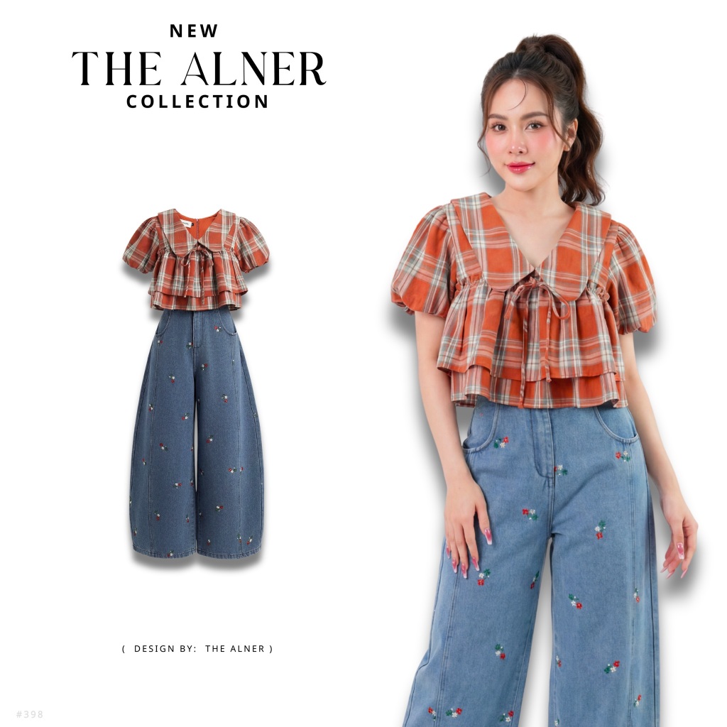 Thealner-AN398 (เซตเสื้อยืดน้ำตาลแขนตุ๊กตากางเกงยีนส์ปักดอก)