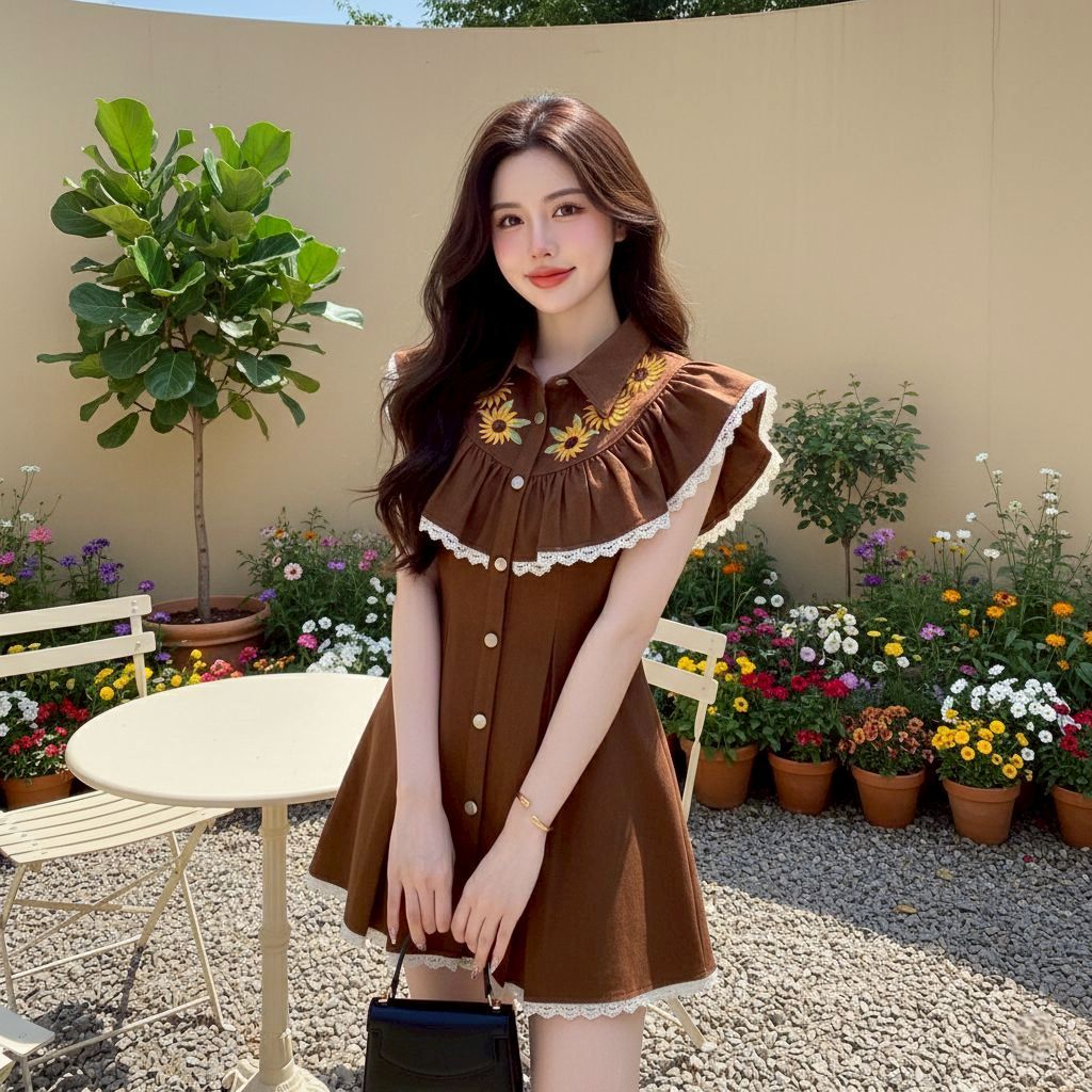 Chaaim Shop ❤️ CA424 ป้ายCher'Ann เซ็ตมินิเดรสยีนส์ สีน้ำตาล แขนกุดระบายคอปกปักทานตะวัน+ขาสั้น