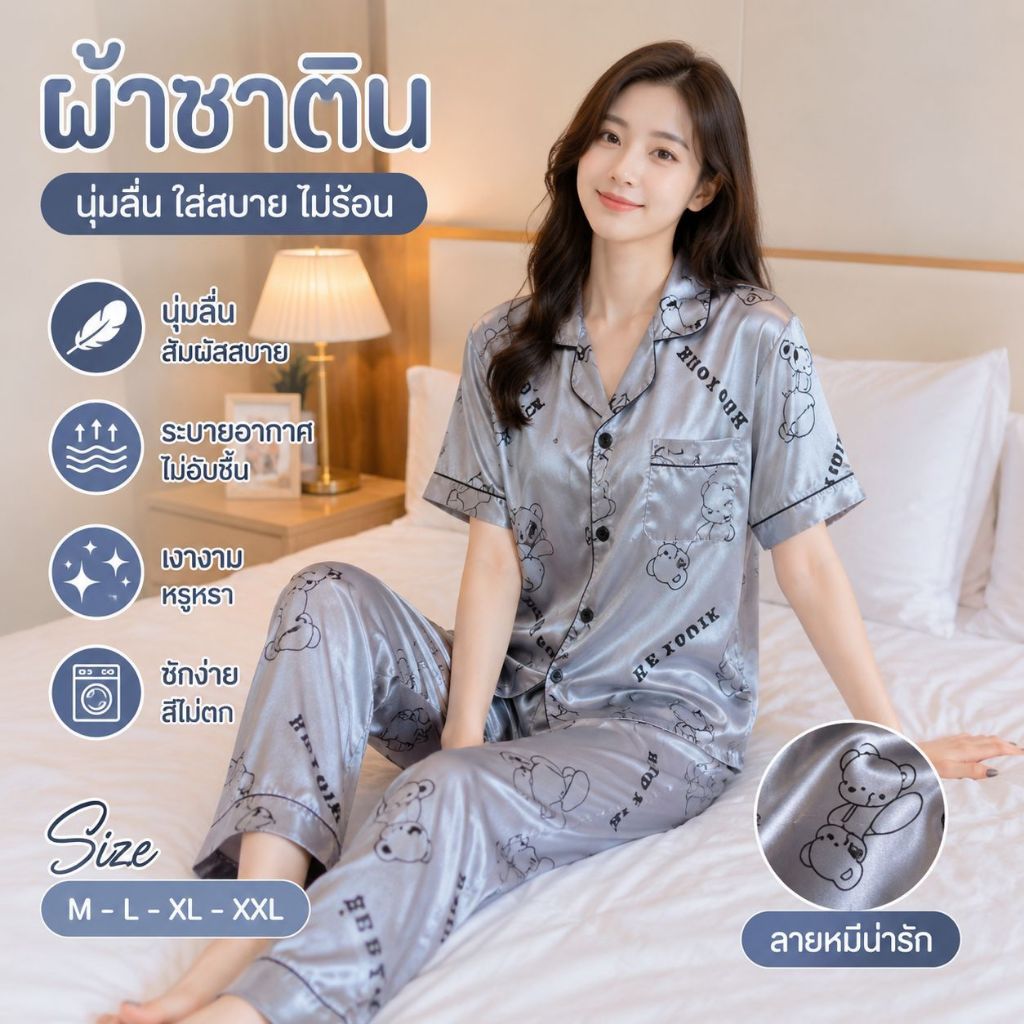 ชุดนอนผู้หญิงผ้าไหมอิตาลีเสื้อแขนสั้น+กางเกงขายาวผ้าไหมอิตาลีเนื้อนุ่มใส่สบาย