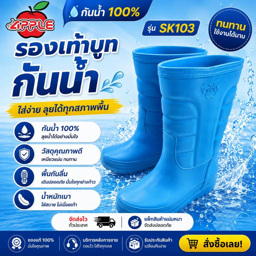 ** มีไซส์ 12-12.5 ** Red apple รองเท้าบู๊ทกันน้ำ SK103 ไซส์ 9-12.5