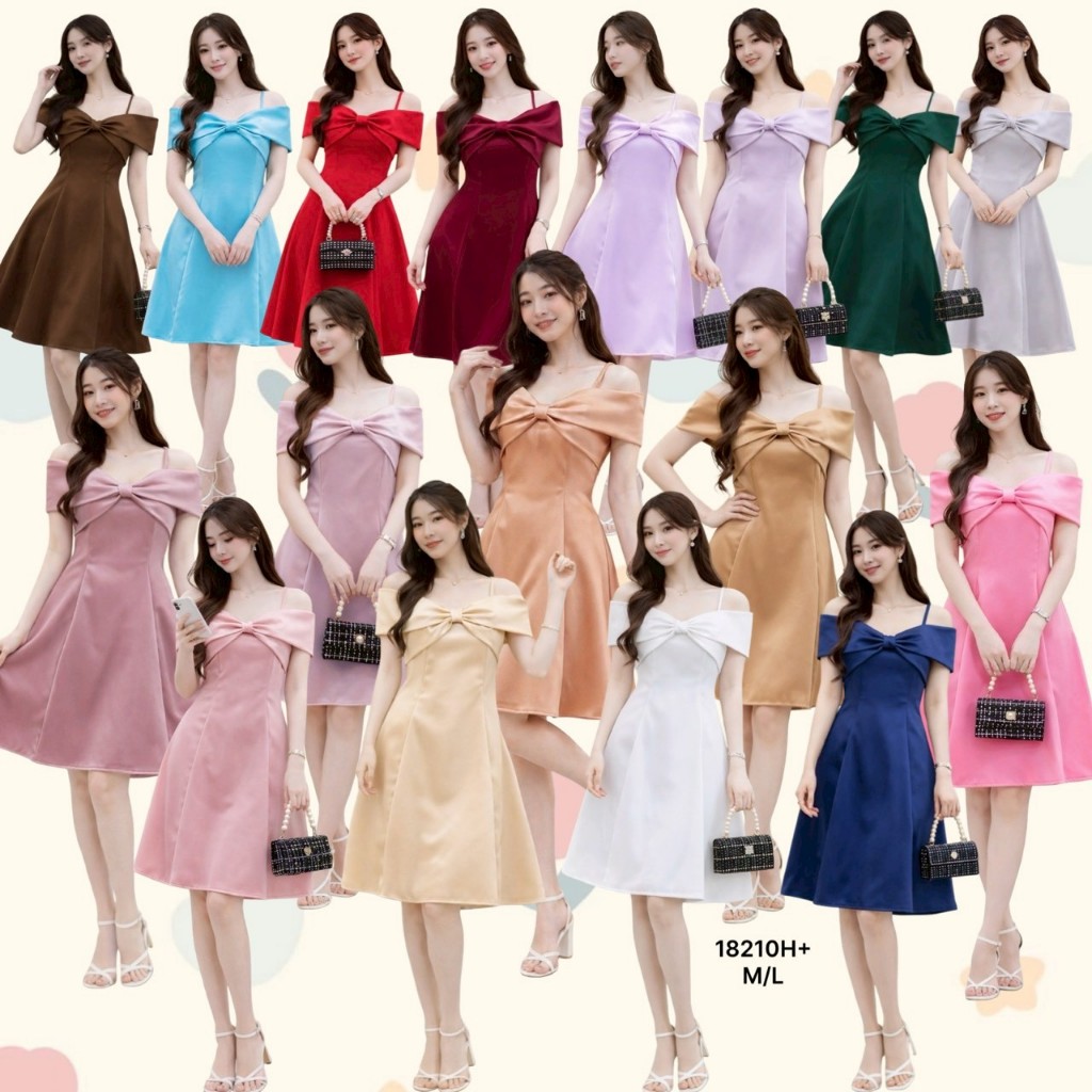 TT18201  เดรส เปิดไหล่ผูกโบว์หน้า ดีไซน์หรู ดูแพง ใส่ออกงานได้ทันที