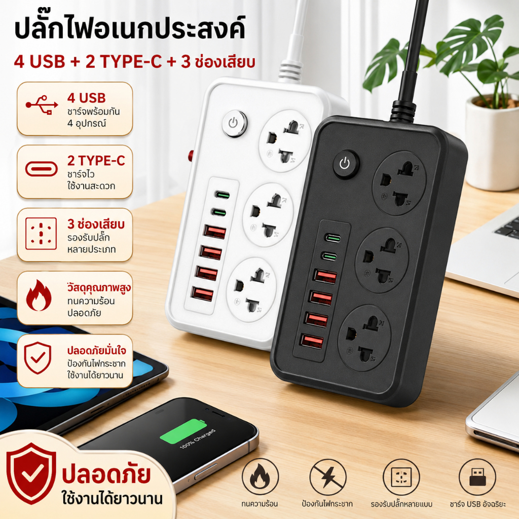 ปลั๊กพ่วง2300W พอร์ตชาร์จ USB+Type-c หลายพอร์ตแถบแพทช์ปลั๊กไฟคุณภาพสูงสายต่อสายไฟ 2M / 5M