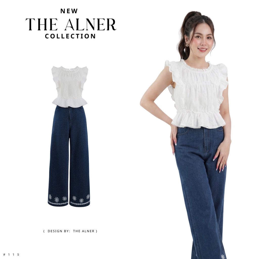 Thealner-AN115 (เซตเสื้อขาวแขนระบายกางเกงขายาวปักดอก)