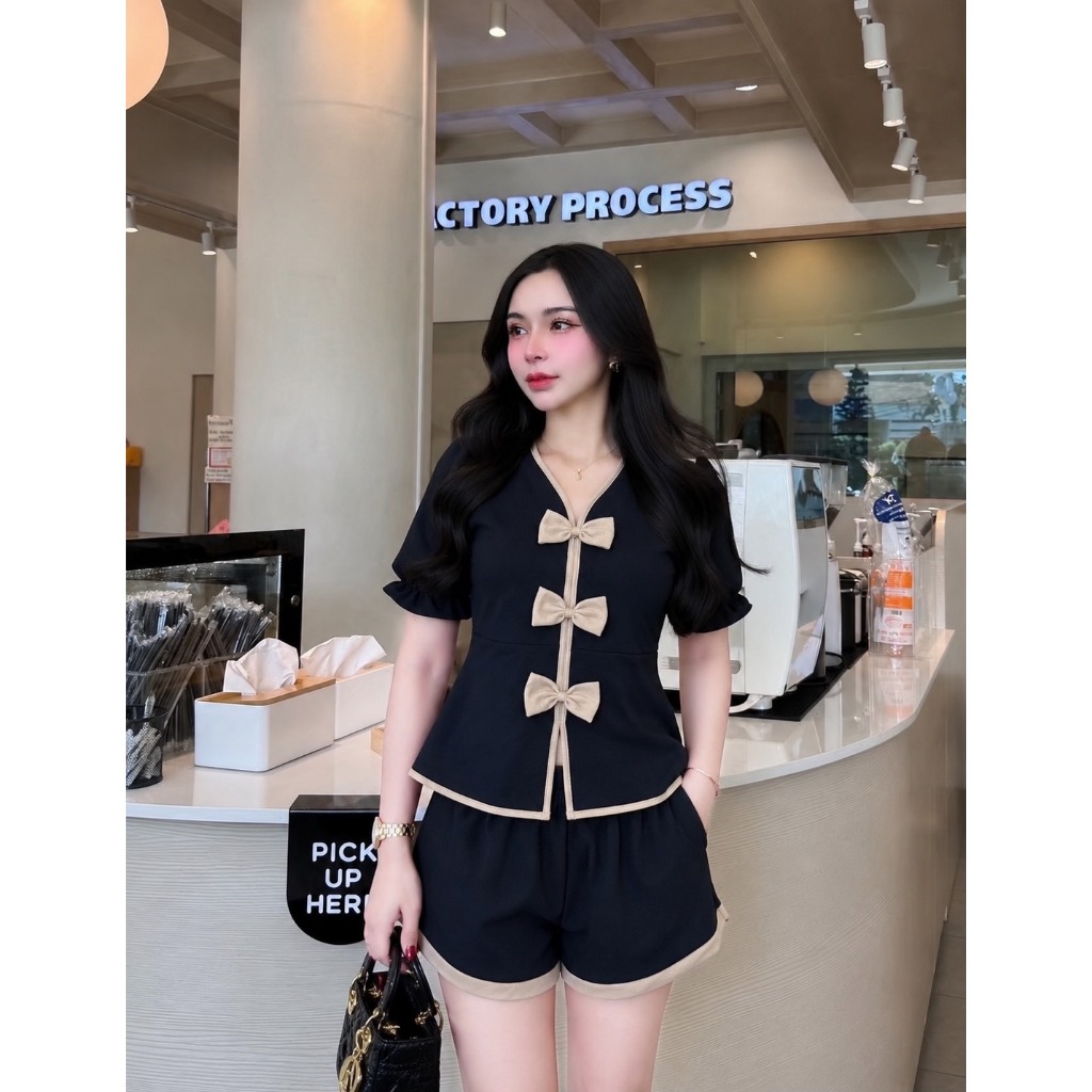 LR19_ชุดเซ็ตกางเกงขาสั้น+เสื้อแต่งโบว์หน้า ผ้าวูลเวฟ ใส่สบาย