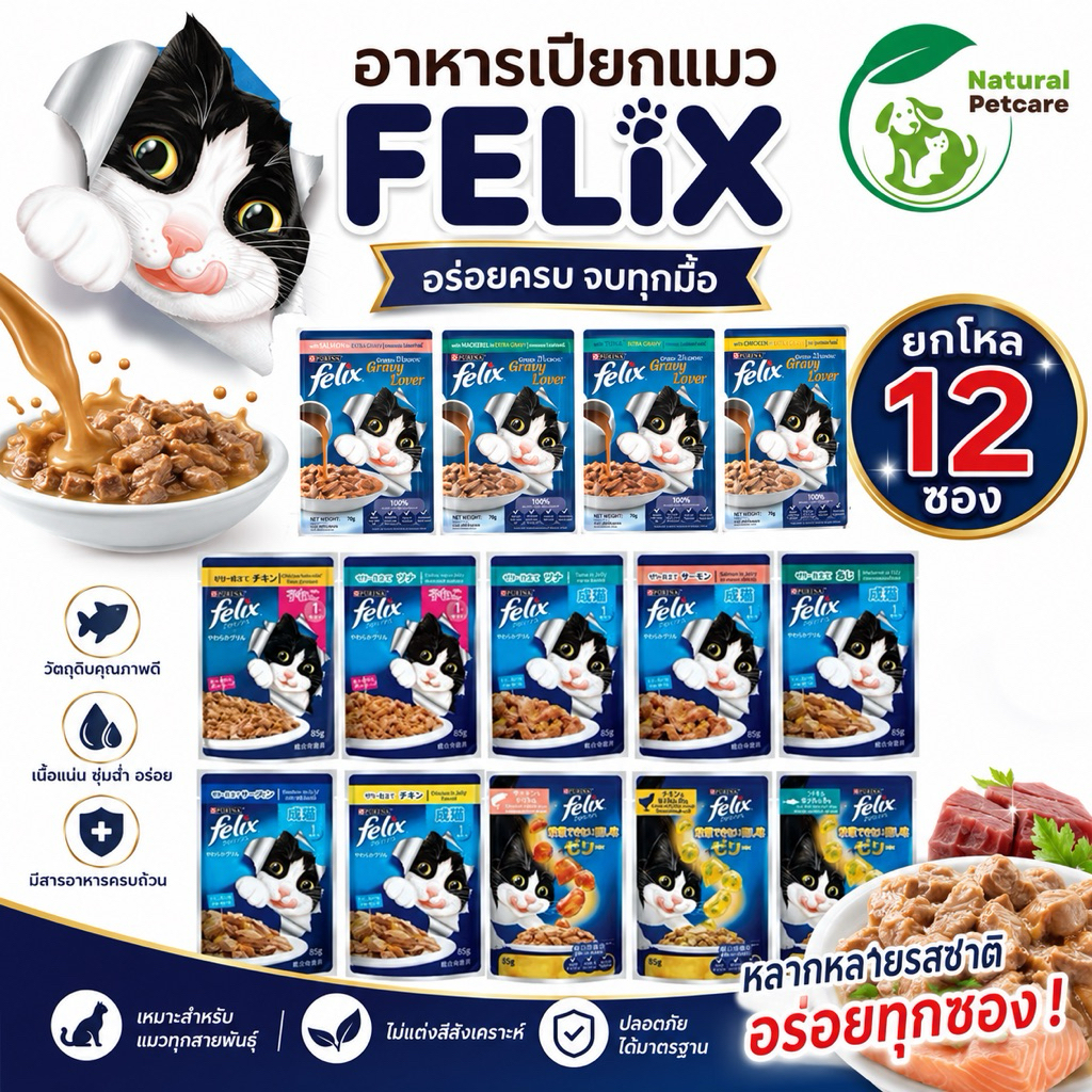 (ยกโหล) Felix pouch อาหารเปียกแมว 70 g x 12 ซอง มี 14 สูตร
