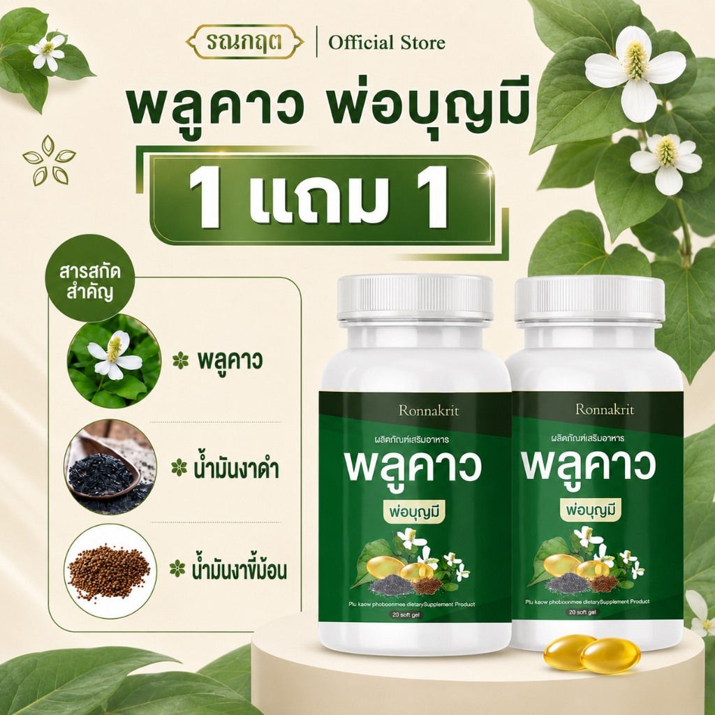 พ่อบุญมี รณกฤต พลูคาวสมุนไพร ขนาด 20 เม็ด/กระปุก (ซื้อ 1 แถม 1)