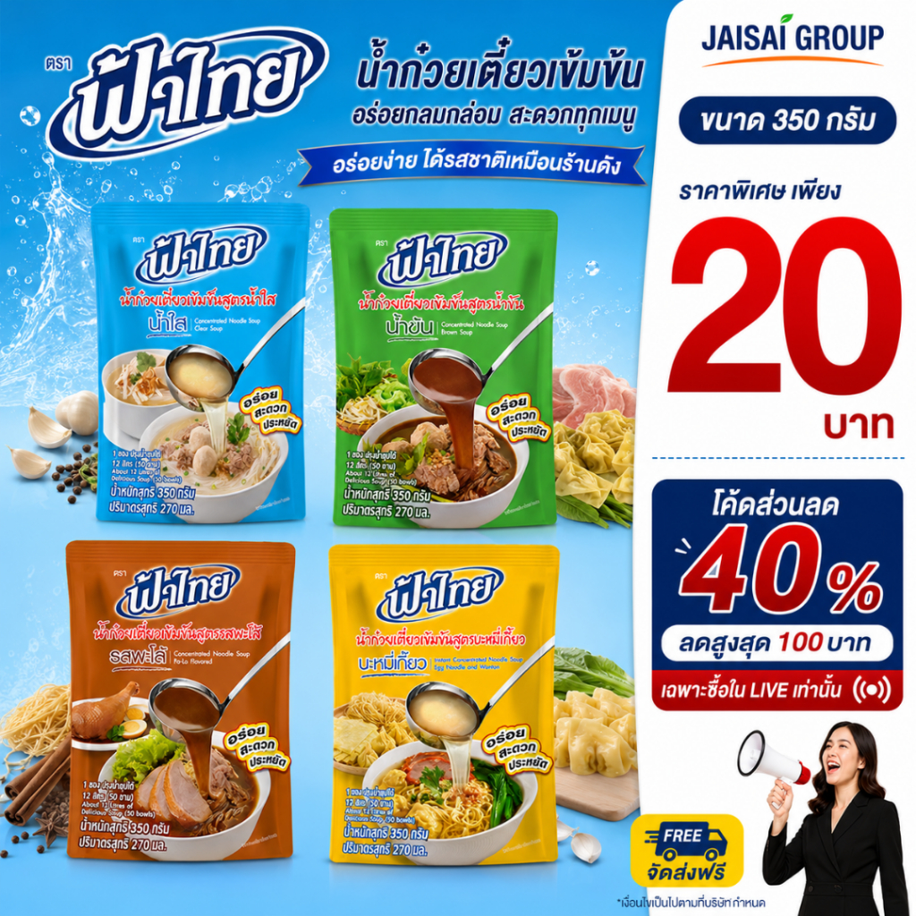 🔵LIVE40%100🔵 ฟ้าไทย น้ำซุปก๋วยเตี๋ยว ขนาด 350 กรัม