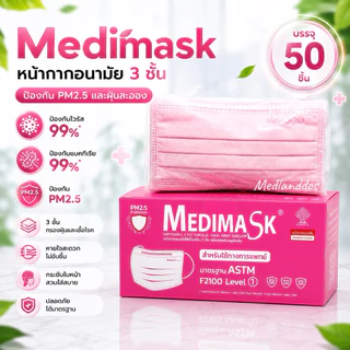 หน้ากากอนามัย Medimask 3ชั้น 50ชิ้นต่อกล่อง เกรดการแพทย์ ใช้ในโรงพยาบาล พร้อมส่ง