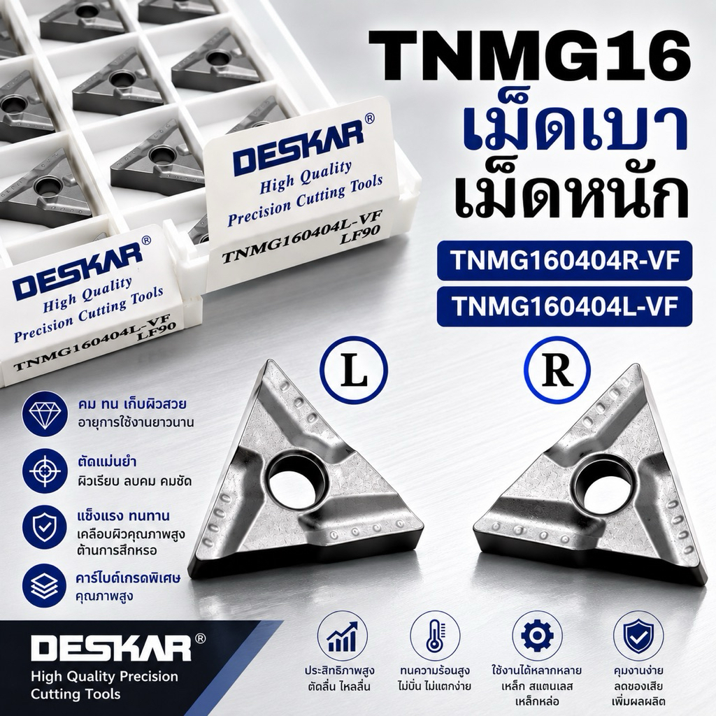 INSERTS  T16 เม็ดสองหน้า เม็ดเบา มุม 04 TNMG160404R-VF LF90 TNMG160404L-VF LF90 ยี่้ห้อ DESKAR