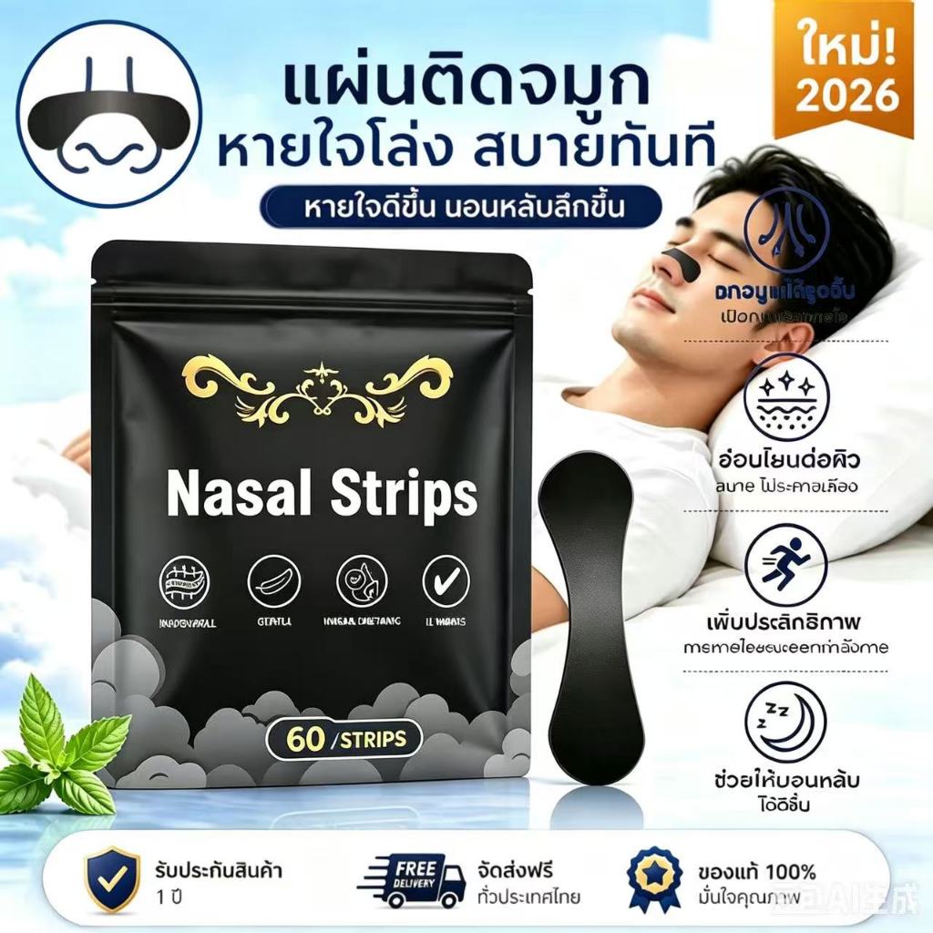 60 ชิ้น แผ่นแปะจมูกลดกรน สูตรแรงพิเศษ ติดแน่น กันเหงื่อ ช่วยหายใจดีขึ้น เหมาะสำหรับนอนและออกกำลังกาย