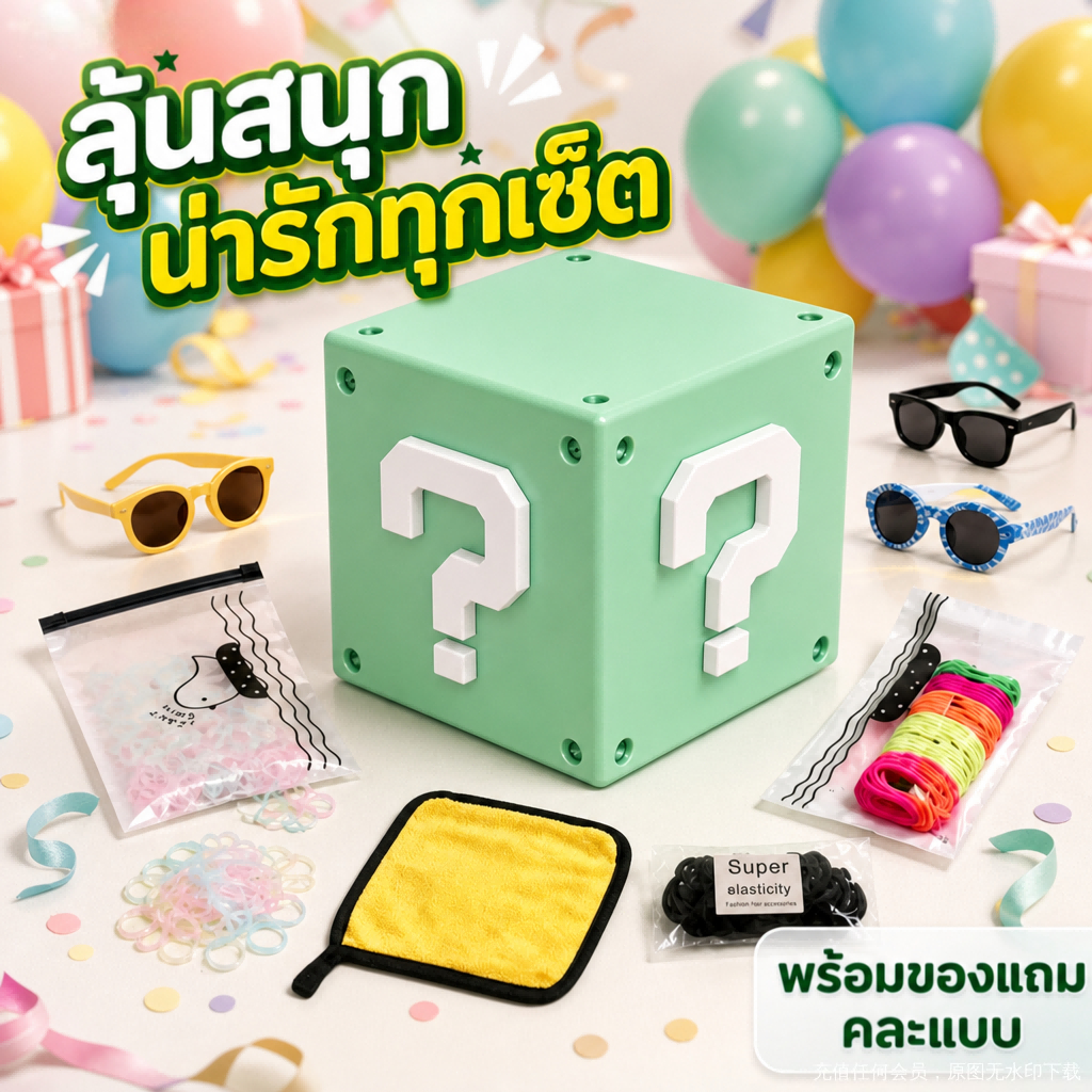 กล่องสุ่มบรรจุแว่นตา ยางรัดผม และผ้าเช็ดทำความสะอาด