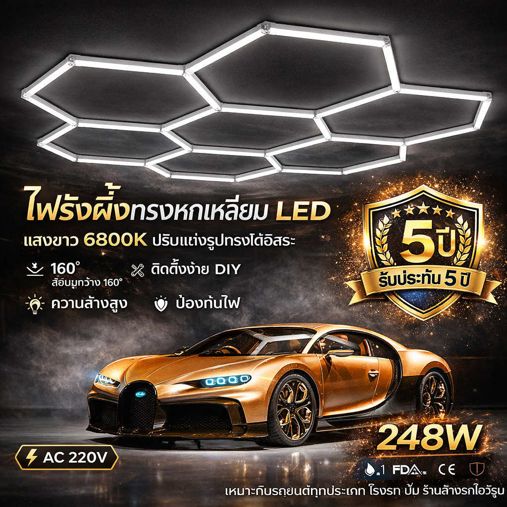 [SALE]ไฟรังผึ้งหกเหลี่ยม LED ไฟรังผึ้ง ไฟโรงรถหกเหลี่ยมโคมไฟ LED ไฟโชว์รถ “AC220V" ไฟคาร์แคร์ Car Washing Station LED