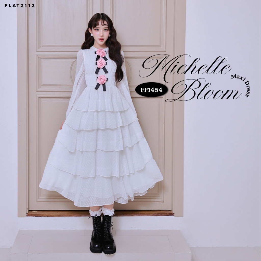 FLAT2112 : MICHELLE BLOOM MAXI DRESS เดรสยาวออกงาน ลุกคุณหนู ชุดออกงานสีขาว แต่งดอกไม้ (FF1454)
