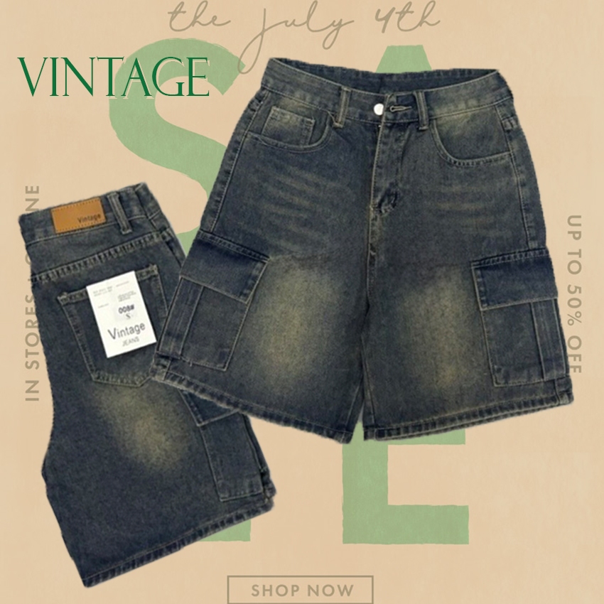 Vintage รุ่น 008 กางเกงยีนส์ ขาสั้น คาร์โก้ แต่งเฟดขา ทรงสวย ผ้าไม่ยืด กระเป๋าตรง 2 ใบ