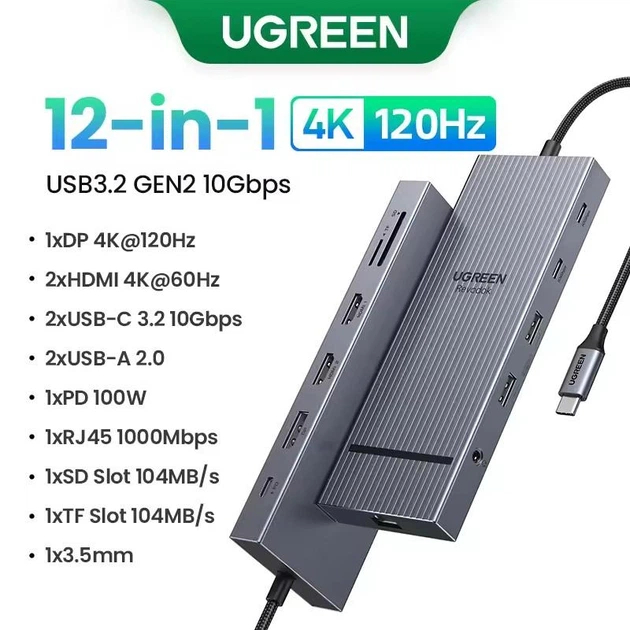 UGREEN (CM886) 55767 12-in-1 Revodok DisplayPory-4K, HDMI-4K, HUB USB3.2 (A+C) 10 Gbps, SD/TF, PD100