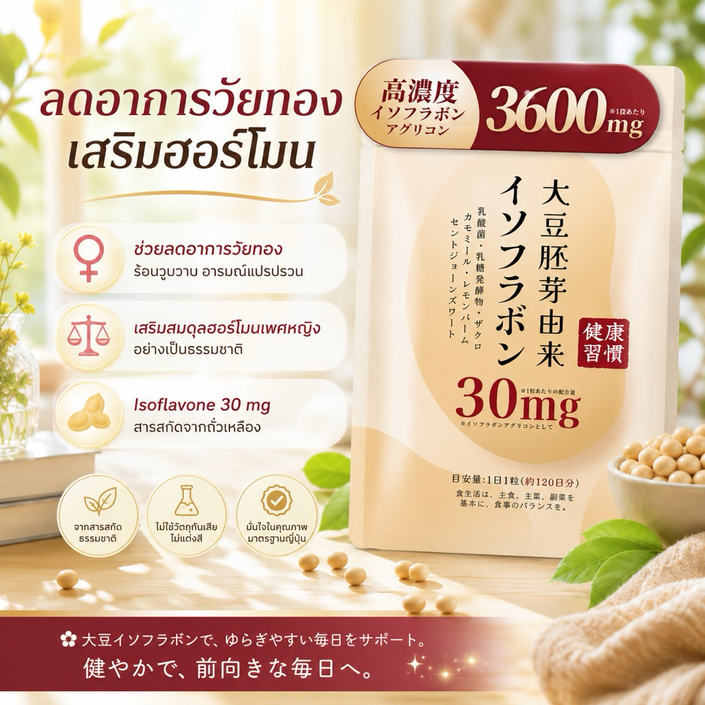 (สินค้าพร้อมส่ง) ใน 1 เม็ด มี Isoflavone 30 mg สารสกัดจากถั่วเหลือง ช่วยอาการวัยทอง เสริมฮอร์โมน Herbase
