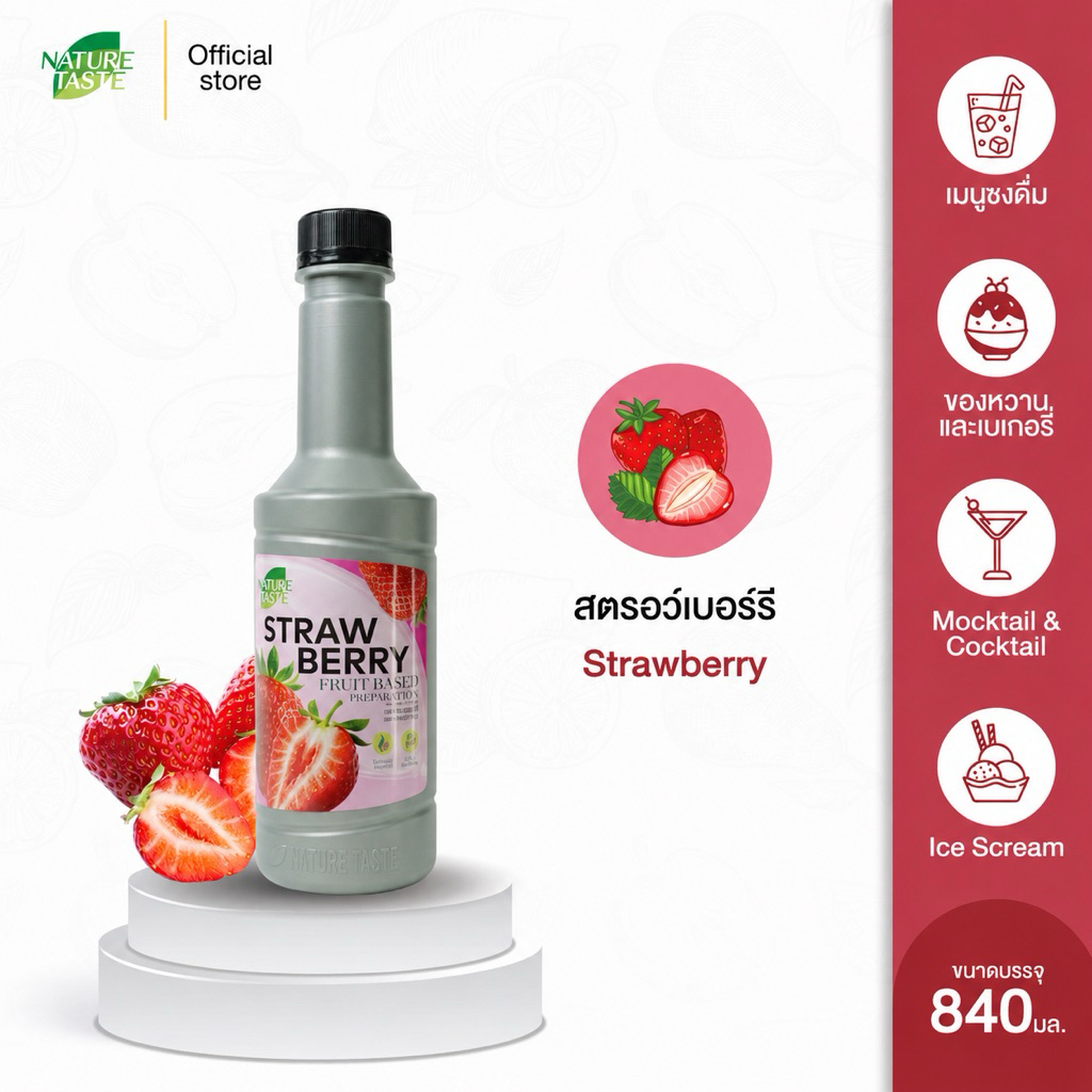 Nature Taste Strawberry Puree น้ำผลไม้เข้มข้นฟรุตเบสพรีเพอเรชั่น เพียวเร่ รสสตรอว์เบอร์รี ตราเนเจอร์เทส ขนาด 840 ml.