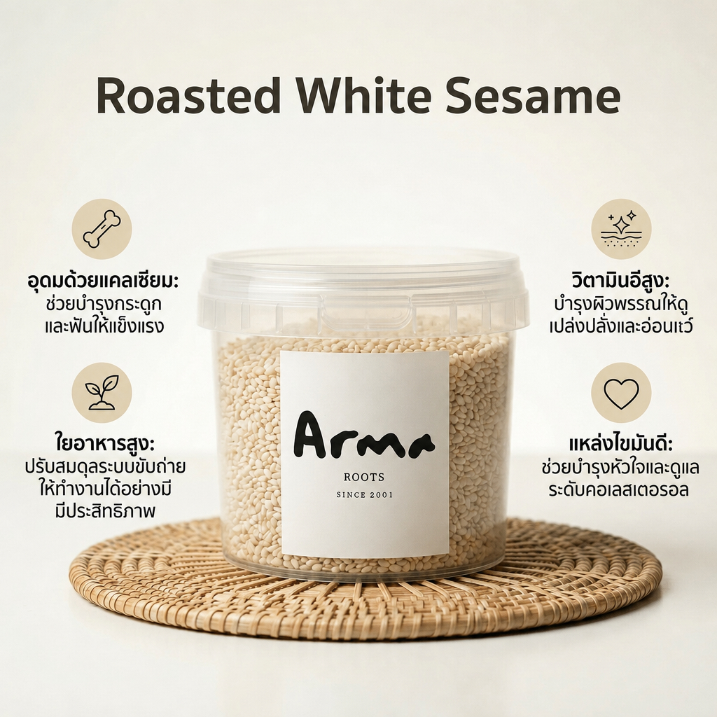 งาขาวคั่วเม็ดสด แคลเซียมสูง พร้อมรับประทาน ไม่มีน้ำมัน ไม่เพิ่มเกลือ 120g