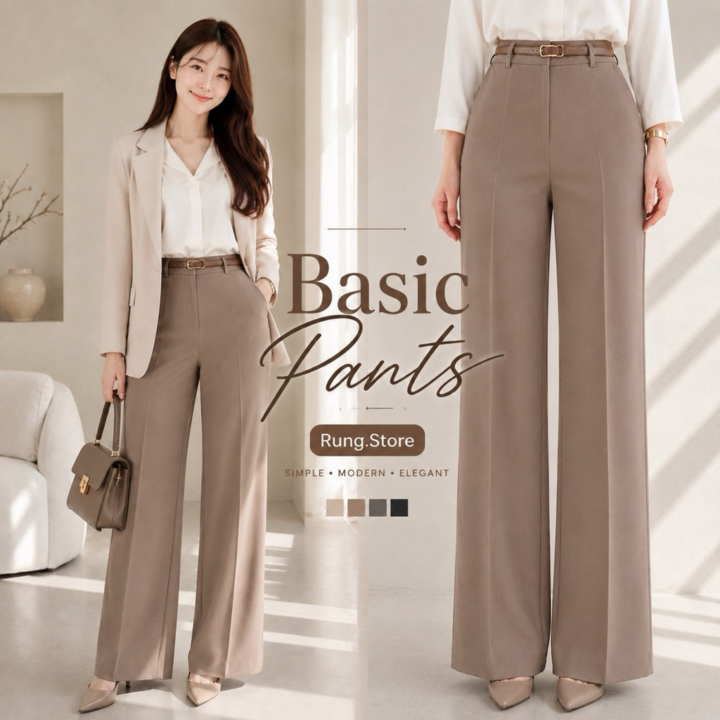 PT04 - Basic Pants กางเกงขากระบอกใหญ่ เอวสูง (รุ่นตะขอหน้า) ผ้าลิลลี่พรีเมี่ยม Lily Premium (มีให้เลือก 2 ความยาว)