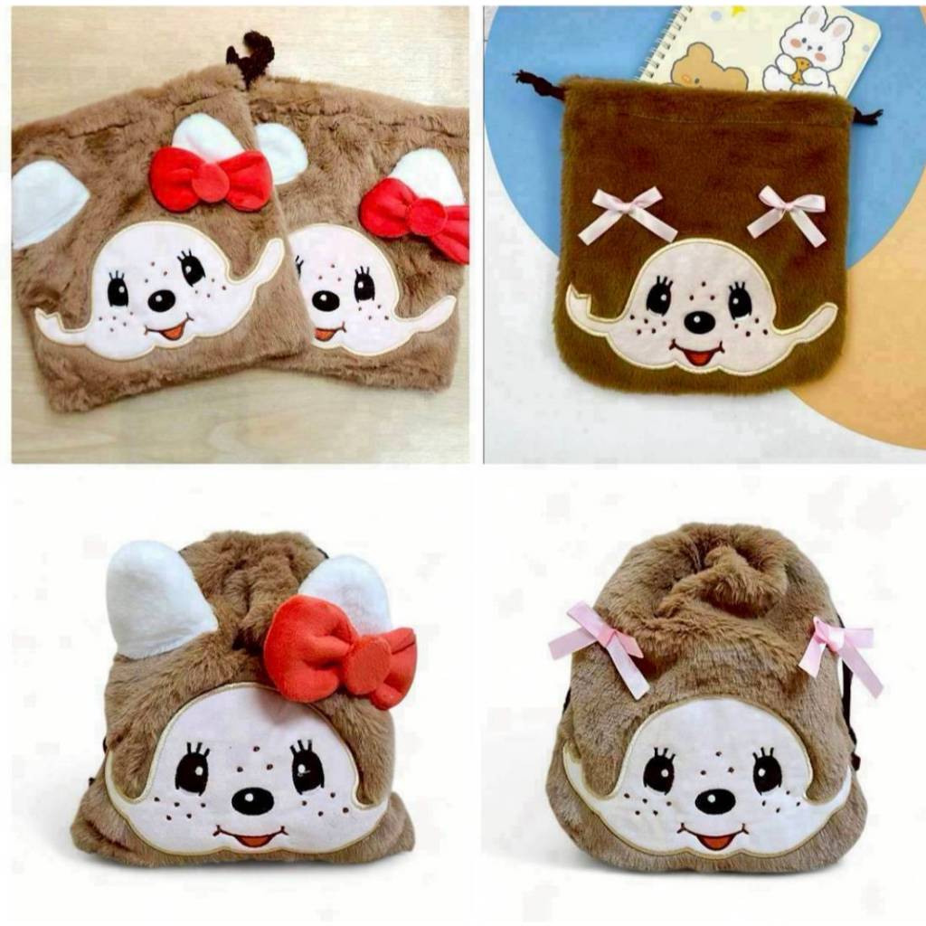 ถุงผ้าหูรูดลาย Monchhichi  วัสดุทำจากผ้ากำมะหยี่ หนานุ่ม ใส่สตางค์ เครื่องสำอางค์พกพา แบตสำรอง (JM)