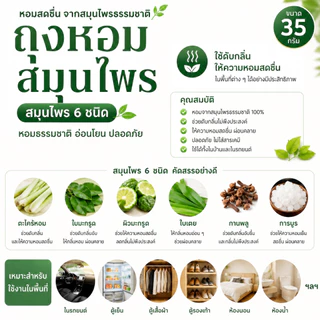 🔹️เพิ่มปริมาณ🔹️ถุงหอมสมุนไพร 35 กรัม (สมุนไพร 6 ชนิด) ใช้ดับกลิ่นในรถยนต์ ตู้เย็น ตู้เสื้อผ้า ตู้รองเท้า ห้องนอน ห้องน้