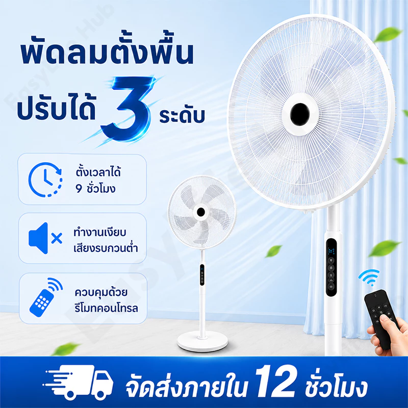 พัดลมตั้งพื้น 16 นิ้ว ปรับแรงลม 3 ระดับ เสียงเงียบ 5 ใบพัด ลมแรง เปลี่ยนใหม่ ไม่ซ่อม
