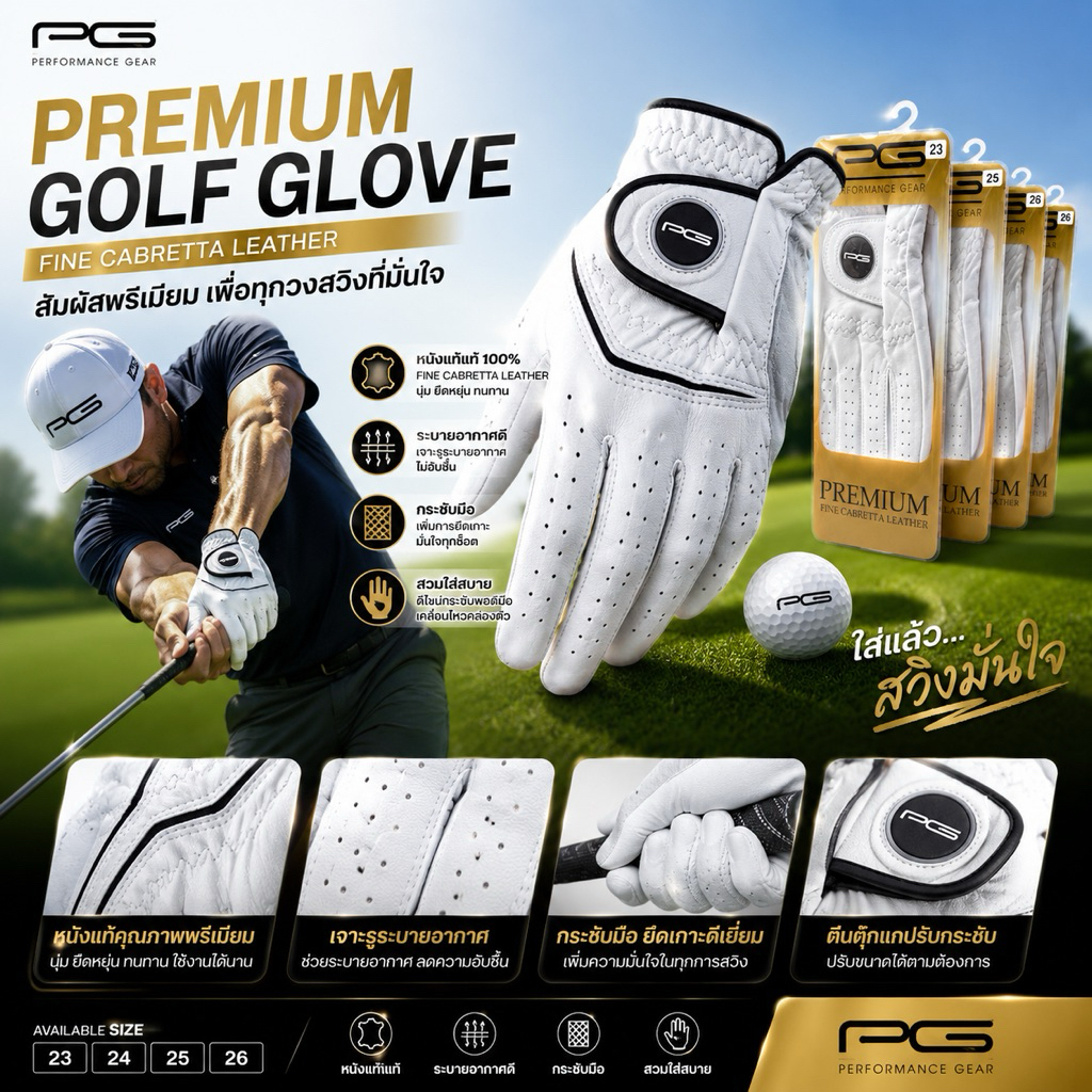 ถุงมือกอล์ฟ "หนัง"แท้  PG ( Peformance Gear) [ Tour Flex , Premium Soft ] สำหรับผู้ชาย  (มือซ้าย)​